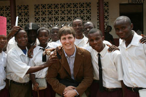 Better World Books employee Andrew Warzon delivers books from the Million Book March to a school in Monrovia, Liberia. Books For Africa, Better World Books, Visions In Action, and USAID teamed up to ship 25 sea containers of books to Liberia.