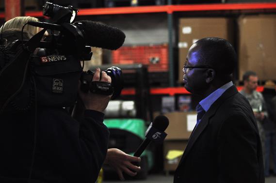 Mr. Sirleaf addresses the assembled media (Photo Credit: Sam Runyon)