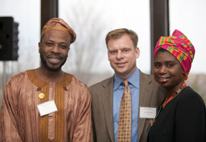 At Eastcliff. From left: Isaac Owens, Brad Buck of Land O' Lakes, and Rosemond Owens. The Owens have raised thousands of dollars to send BFA books to their native Ghana. Rosemond served as MC at the fundraising luncheon.