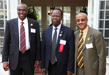 At the Eascliff reception before the BFA fundraising luncheon, from left: Tom Gitaa (BFA board president), Ambassador Daniel Ohene Agyekum of Ghana, and Asratie Teferra (BFA board member and speaker at luncheon).